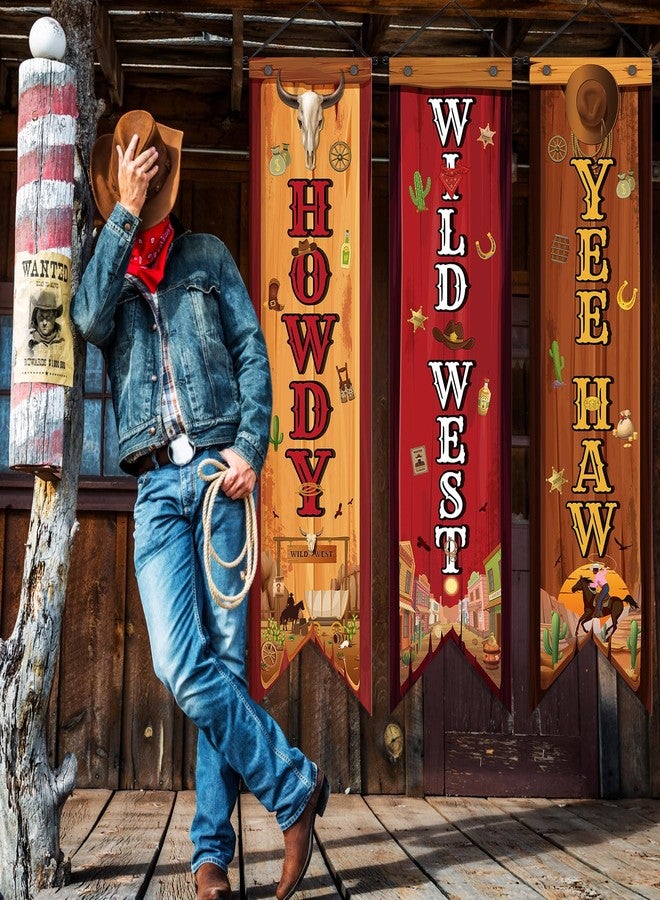 Chiisong 3 Western Party Decorations Cowboy Banners Wild West Hanging Decor Howdy Yes Haw Porch Sign Backdrops for Indoor Outdoor Cowboy Birthday Photo Props Wedding Party Supplies (Western) - Image 3